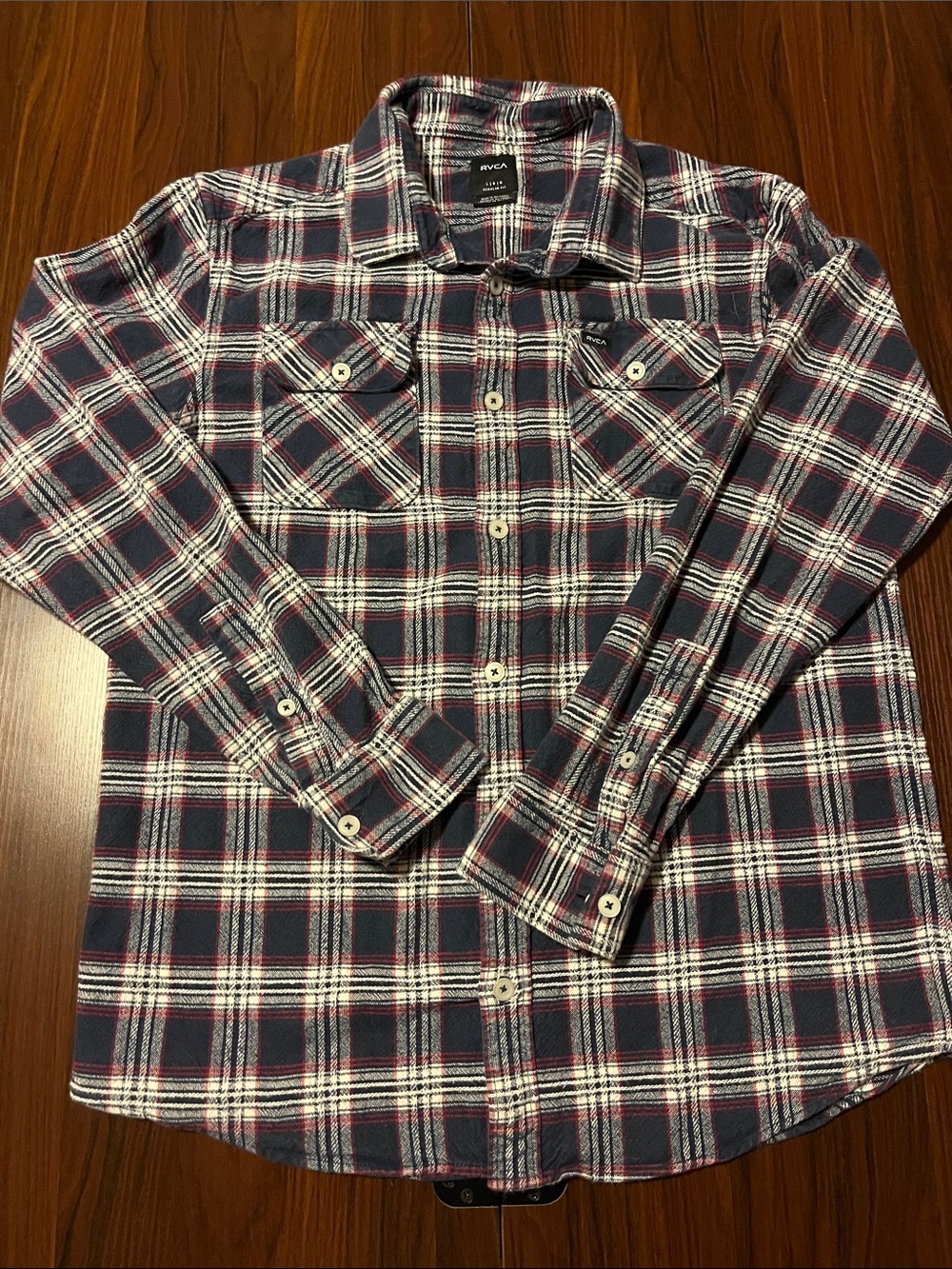 RVCA Men's Navy, White and Red Plaid Button-Down Shirt
